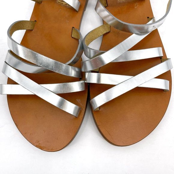 SOLD J. Crew Silver Mirror Metallic Leather Cross Strap Strappy Flat Sandals 6 - Picture 2 of 12